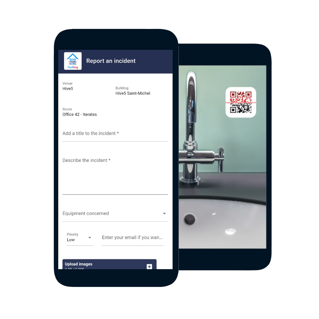Un écran de smartphone affichant un formulaire pour signaler un incident avec des champs pour le lieu, la salle, le titre, la description, l'équipement et l'e-mail. La deuxième moitié de l'image montre un gros plan d'un robinet d'évier avec un code QR sur le miroir derrière lui.