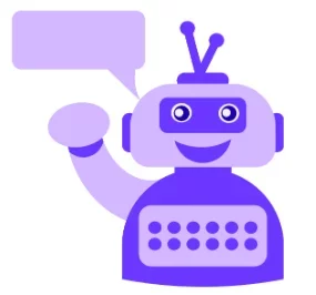 Un robot joyeux aux couleurs violettes et lavande sourit et fait un signe de la main. Le robot est doté d'antennes, d'un corps rectangulaire avec des boutons et d'une bulle de dialogue au-dessus de sa main levée.