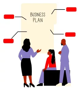 Illustration de trois personnes discutant d'un plan d'affaires. Une personne se lève et pointe du doigt un grand document intitulé « Plan d'affaires », tandis qu'une autre personne est assise et la troisième personne se tient debout, les bras croisés. Les lignes du diagramme relient le document à partir de cases rouges.