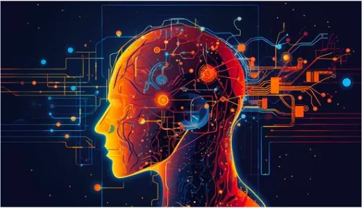 Illustration numérique abstraite d'une tête humaine de profil, mise en valeur par des couleurs vives comme le rouge, l'orange et le bleu. La tête est remplie de circuits et de lignes complexes, symbolisant l'intelligence artificielle ou la technologie avancée sur un fond sombre.