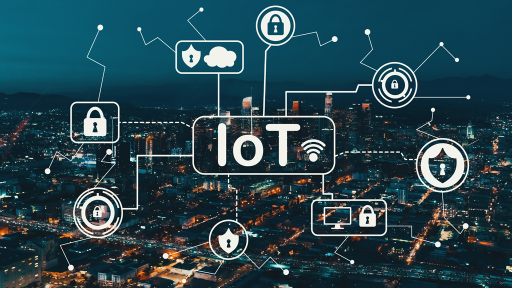 Un paysage urbain nocturne sur lequel sont superposées des icônes interconnectées représentant l'Internet des objets (IoT). Différentes icônes représentent des verrous, un cloud, des appareils et des boucliers avec des cadenas, mettant l'accent sur la sécurité et la connectivité au sein du réseau IoT.