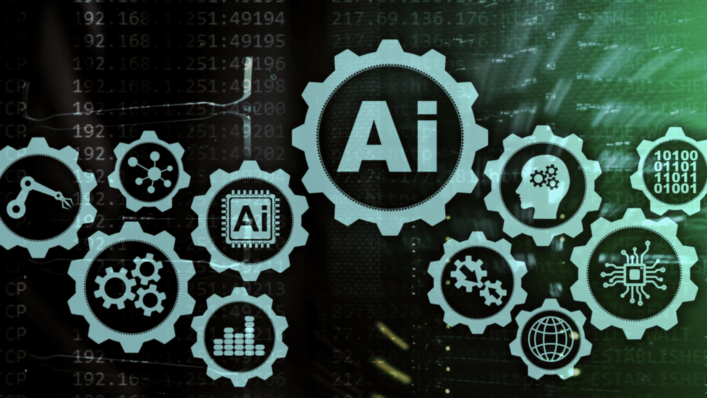 Les engrenages avec des symboles d'IA illustrent les concepts de l'intelligence artificielle. Les icônes à l'intérieur des engrenages représentent un bras robotisé, une puce d'IA, un code binaire, un cerveau, des graphiques à barres et d'autres éléments technologiques, le tout sur un fond sombre avec du code.