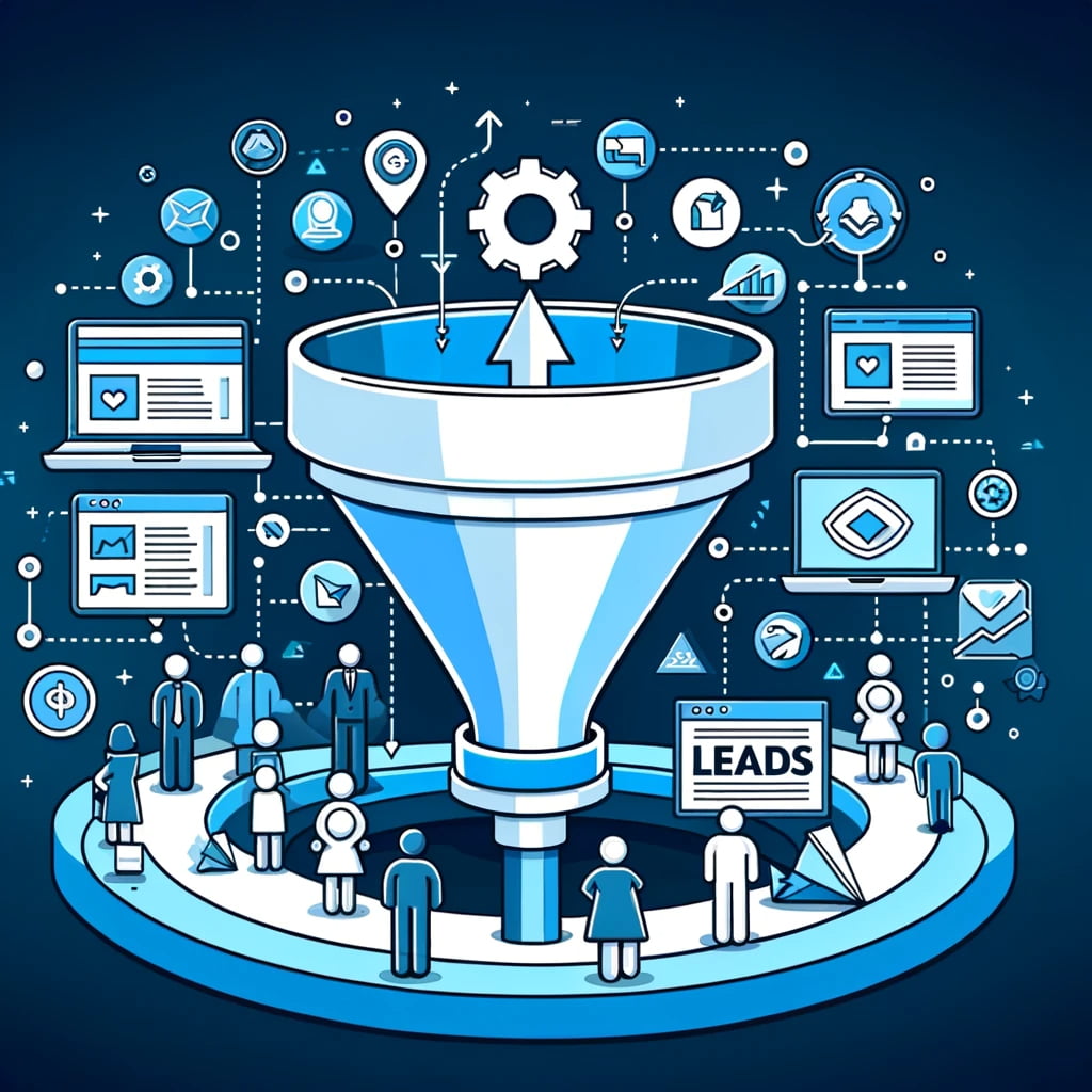 Illustration d'un processus d'entonnoir de vente. Les personnes et les icônes autour d'un entonnoir central représentent diverses activités de marketing en ligne menant à la génération de prospects. Les ordinateurs portables, les icônes d'engrenage et les diagrammes de flux symbolisent les étapes allant de l'attraction des visiteurs à leur conversion en prospects.