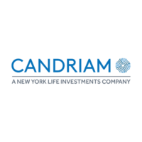 Logo de Candriam, une société de New York Life Investments. Le texte « CANDRIAM » est écrit en lettres majuscules bleues avec un motif géométrique circulaire bleu sur la droite. Sous le texte principal se trouve une ligne grise avec les mots « A New York Life Investments Company » en texte gris plus petit.