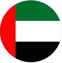 Une image circulaire du drapeau des Émirats arabes unis, comportant une bande rouge verticale sur le côté gauche et trois bandes horizontales en vert, blanc et noir de haut en bas.